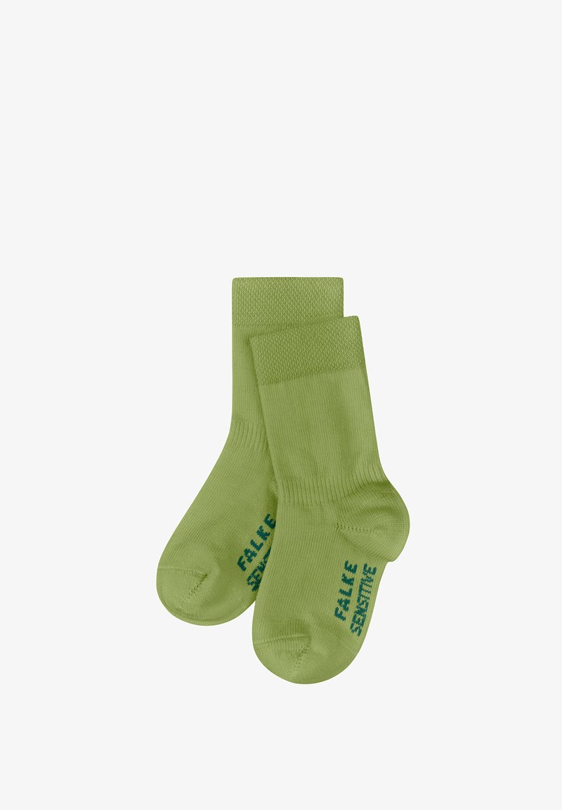 Green cotton socks with a smooth texture, featuring a ribbed cuff and printed text in dark green. Short ankle length design.