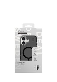 Gjennomsiktig iPhone 17-deksel i tonet svart med et sirkulært mønster. Laget av resirkulerte materialer, MagSafe-kompatibelt, støt-testet.