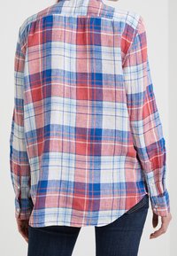Bageste udsigt af en person iført en langærmet ternet skjorte i rød, blå, hvid og gul med mørkeblå jeans.