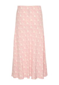 Gonna rosa chiaro con un design fluido, caratterizzata da un motivo ripetitivo di forme crema. Realizzata in un tessuto morbido e leggero.