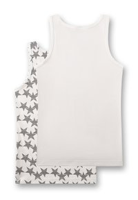 Two tank tops: one solid white, the other featuring a grey star pattern on a white background. Both have narrow straps and a smooth texture.