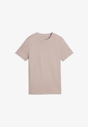 Tricou bej cu mâneci scurte și decolteu rotund, cu un mic logo Puma brodat centrat sub guler.