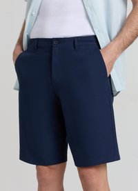 Marineblaue Shorts aus glattem Stoff, mit schrägen Vordertaschen und Knopfverschluss, gerader Schnitt und knielangem Saum.