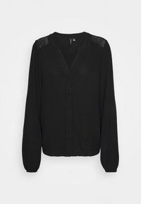 Blusa nera a maniche lunghe con scollo a V, chiusura con bottoni e dettagli in pizzo sulle spalle. Tessuto leggero e testurizzato con maniche arricciate.