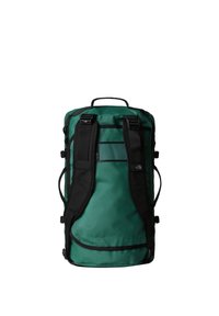 Sac à dos en toile verte durable avec des bandes noires, une poignée de transport et une poche en mesh sur le côté. Il dispose de boucles réglables et d'un design cylindrique épuré.