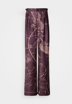 Purple wide-leg pants with a map print in a lighter hue. Made from smooth fabric, featuring pleats and an elastic waistband.