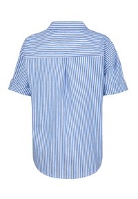 Camicia a maniche corte a righe blu e bianche con colletto, dettaglio della piega sul retro e orlo arrotondato con risvolti.