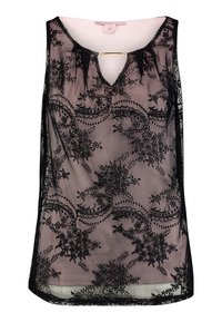 Top senza maniche in pizzo nero con scollo a V, dettaglio a taglio, sovrapposizione trasparente con motivo floreale e retro solido di colore chiaro.