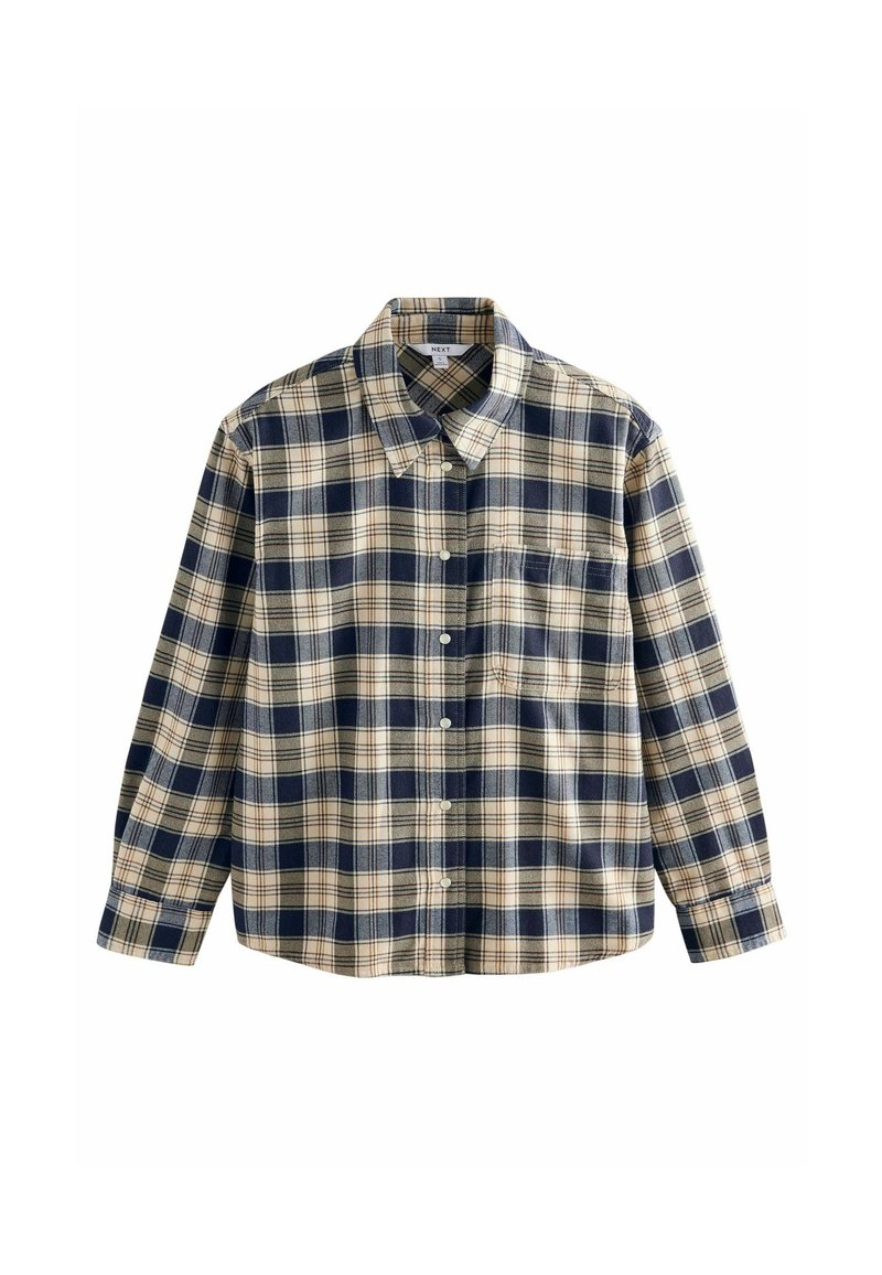 Camicia di flanella a quadri nei colori blu navy, crema e beige. Caratterizzata da un colletto, chiusura con bottoni, maniche lunghe e una singola tasca sul petto. Texture morbida.
