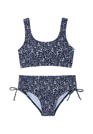 Navy blue two-piece swimsuit with white floral pattern, scoop neck top, and drawstring sides on high-waisted bottoms.