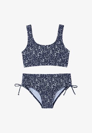 Navy blue two-piece swimsuit with white floral pattern, scoop neck top, and drawstring sides on high-waisted bottoms.