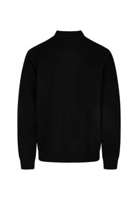 Schwarzer Rundhalsausschnitt-Sweatshirt mit strukturiertem Finish, gerippten Bündchen und Saum. Einfaches Design, keine sichtbaren Logos oder Muster.
