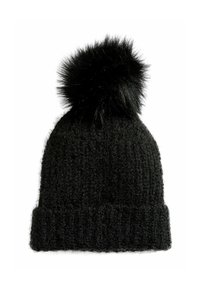 Căciulă tricotată neagră cu un design texturat și un pom-pom pufoș pe vârf. Rola la bază pentru un plus de căldură.