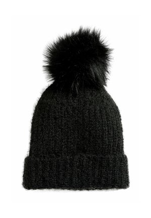 Black knitted beanie hat featuring a textured design and a fluffy pom-pom on top. Cuff at the base for added warmth.