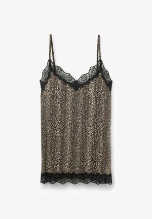 Top de tirantes en tela de estampado de leopardo con borde de encaje negro y tirantes ajustables; cuenta con un dobladillo en forma de ola y una textura suave.