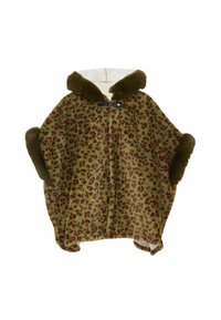 Leopardmönstrad poncho i olivgrön fuskpäls med en plyschkrage och manchetter, med en framknäppning med togglar. Mjuk textur genom hela plagget.