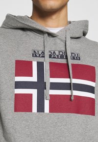 Sudadera gris con un gran gráfico de la bandera de Noruega en rojo, blanco y azul, con el texto "NAPAPIJRI" arriba en azul marino. Corte estándar con cordones.