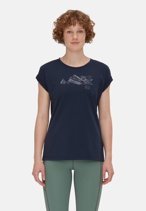 Navy blue short-sleeved t-shirt with a mountain graphic in light gray on the front, made of soft fabric, featuring rolled sleeves and a round neckline.