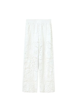 Pantalon blanc à jambes larges avec taille élastique et motif en dentelle florale semi-transparente sur tout le tissu.