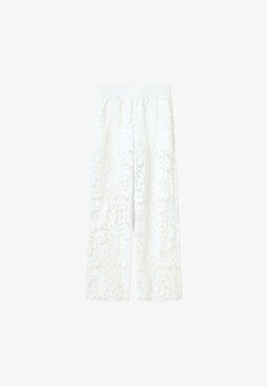 Pantalon blanc à jambes larges avec taille élastique et motif en dentelle florale semi-transparente sur tout le tissu.