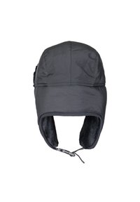 Zwarte geïsoleerde vliegersmuts met fleece voering, gebogen klep, oorflappen en verstelbare kinband. Soepele textuur met gestikte details.