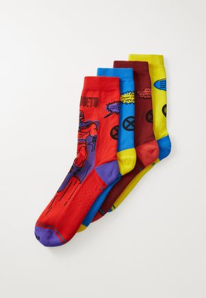 Four pairs of comic-themed socks: red with Magneto artwork, blue accents; yellow, maroon, and green colors with various graphics and texts.