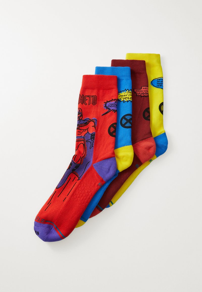 Four pairs of comic-themed socks: red with Magneto artwork, blue accents; yellow, maroon, and green colors with various graphics and texts.