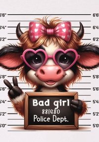 Kreskówkowa krowa z różową kokardą i okularami w kształcie serca, trzymająca tabliczkę z napisem "Zła dziewczyna" oraz "Departament Policji" na tle wykresu wzrostu.