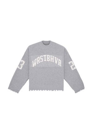 Grijze cropped trui met ribbeltextuur, met de tekst "WRSTBHVR" en de nummers "2" en "3" in het wit op de mouwen en de borst. Raffelzoom.
