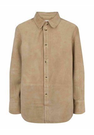 Beige leather shirt jacket with a button-up front, pointed collar, long sleeves, and a smooth texture. Features subtle stitching and button detailing.