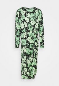 Sukienka z długim rękawem z czarnym tłem z dużymi zielonymi kwiatowymi wzorami, z wiszącym akcentem po boku i okrągłym dekoltem. Wykonana z gładkiego materiału.