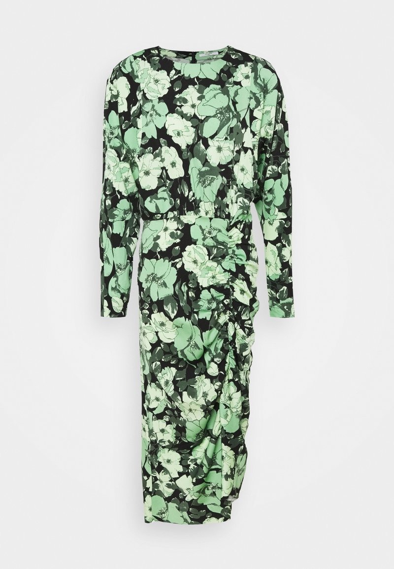 Sukienka z długim rękawem z czarnym tłem z dużymi zielonymi kwiatowymi wzorami, z wiszącym akcentem po boku i okrągłym dekoltem. Wykonana z gładkiego materiału.