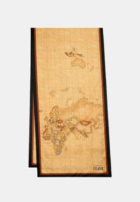 Sciarpa a motivo mappa con un design di una mappa mondiale vintage su uno sfondo beige chiaro, bordata con accenti neri e arancioni.