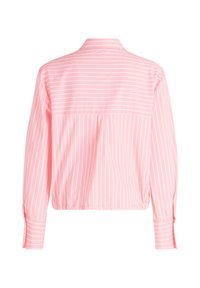 Pink long-sleeve shirt featuring white vertical stripes, collar, and cuffed sleeves. Soft fabric with a relaxed fit and split hem.