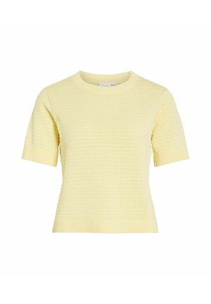 Pull en tricot jaune pâle à manches courtes, avec un motif côtelé horizontal texturé et un col rond.