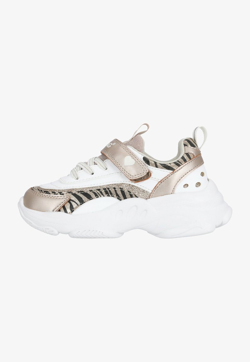White and gold athletic shoe with a zebra-print design, textured upper, padded collar, and Velcro strap on the side.