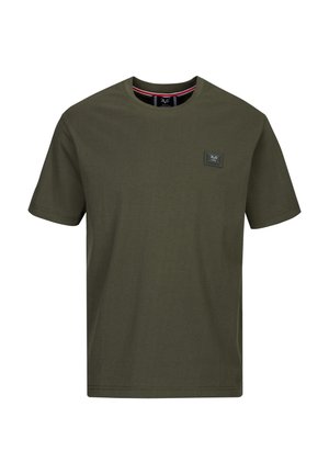 Olijfgroene katoenen t-shirt met een ronde hals, korte mouwen en een merkpatch op de borst. Zachte textuur en een regular fit.