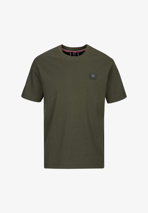 Olijfgroene katoenen t-shirt met een ronde hals, korte mouwen en een merkpatch op de borst. Zachte textuur en een regular fit.