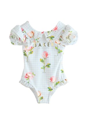 Beebibadeülikond õhuräänidega varrukatega, sinise ruudulise mustriga, roosade roosimustritega ja ees kuldse kirjaga "BAKER".