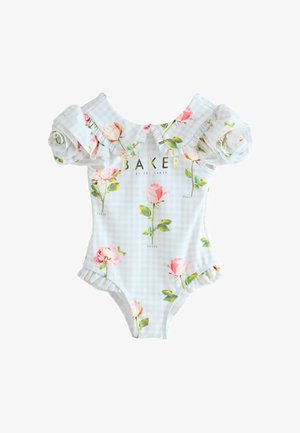 Dziecięcy strój kąpielowy z bufkami na ramionach, niebieskim wzorem w kratkę gingham, różowymi nadrukami róż i złotym napisem "BAKER" na przodzie.