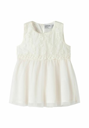 Robe bébé sans manches crème avec broderie florale sur le corsage et jupe en tulle doux, fermeture éclair au dos.
