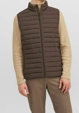 Mand iført en brun quiltet ærmeløs vest med lynlås over en beige strikket langærmet sweater og brune bukser, stående med afslappede hænder.