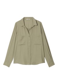 Blouse vert olive en tissu doux, avec un col à revers, une fermeture boutonnée à l'avant, deux poches sur la poitrine et des manches longues.