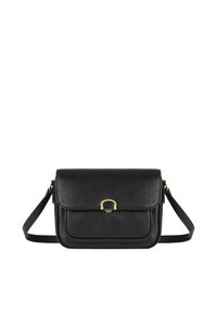 Borsa a spalla in pelle nera con chiusura in metallo dorato, forma rettangolare, chiusura a pattina e strap regolabile. Texture liscia con tasca frontale.