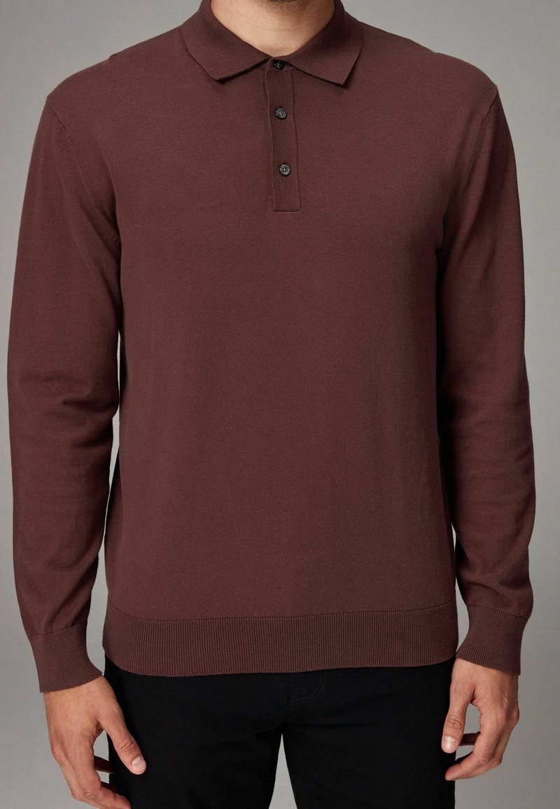 Brown long-sleeve polo shirt made of knit fabric, featuring a collar, three-button placket, and ribbed cuffs and hem; smooth texture.