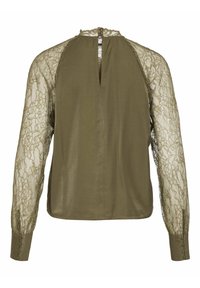 Blouse vert olive avec de longues manches en dentelle transparente, une ouverture en forme de clé au dos et des accents de boutons sur les poignets. Texture de tissu lisse.