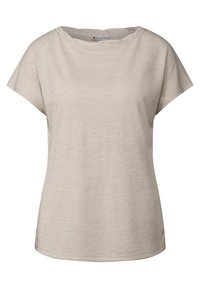 Beige top s krátkým rukávem vyrobený z měkké, strukturované tkaniny s volným střihem a kulatým výstřihem, s jednoduchým, minimalistickým designem.