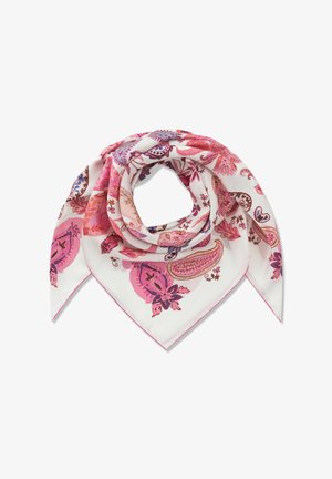 Foulard di seta bianca con motivi paisley e floreali in rosa e viola, piegato a forma triangolare con un anello centrale.