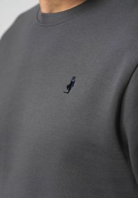 Grijze sweatshirt gemaakt van zachte stof met een ronde hals. Bevat een klein, donkerblauw geborduurd logo op de linkerkant van de borst.