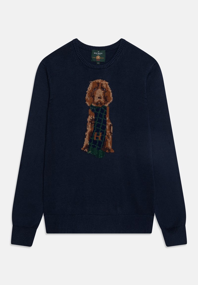 Pull en tricot bleu marine avec un chien marron portant une écharpe à carreaux verte et bleue marine au centre devant.